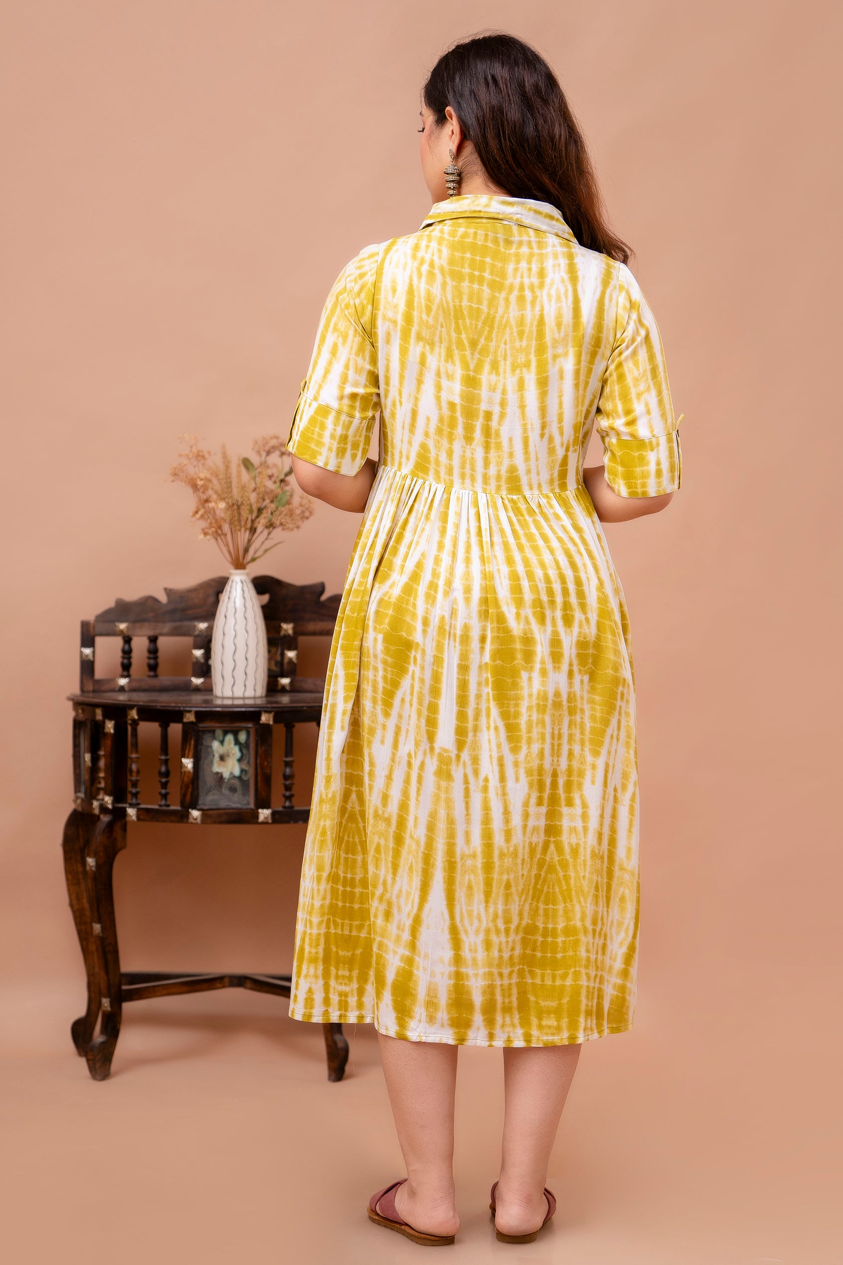 Yellow Tie-Dye Pure Rayon Cotton Collar Maternity and Feeding Kurta