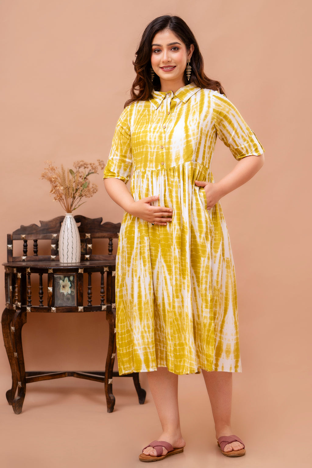 Beige Printed Pure Rayon Cotton Collar Maternity And Feeding Kurta