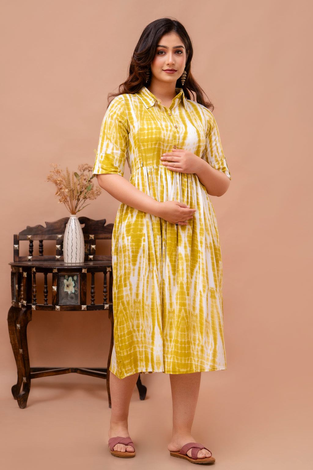Beige Printed Pure Rayon Cotton Collar Maternity And Feeding Kurta
