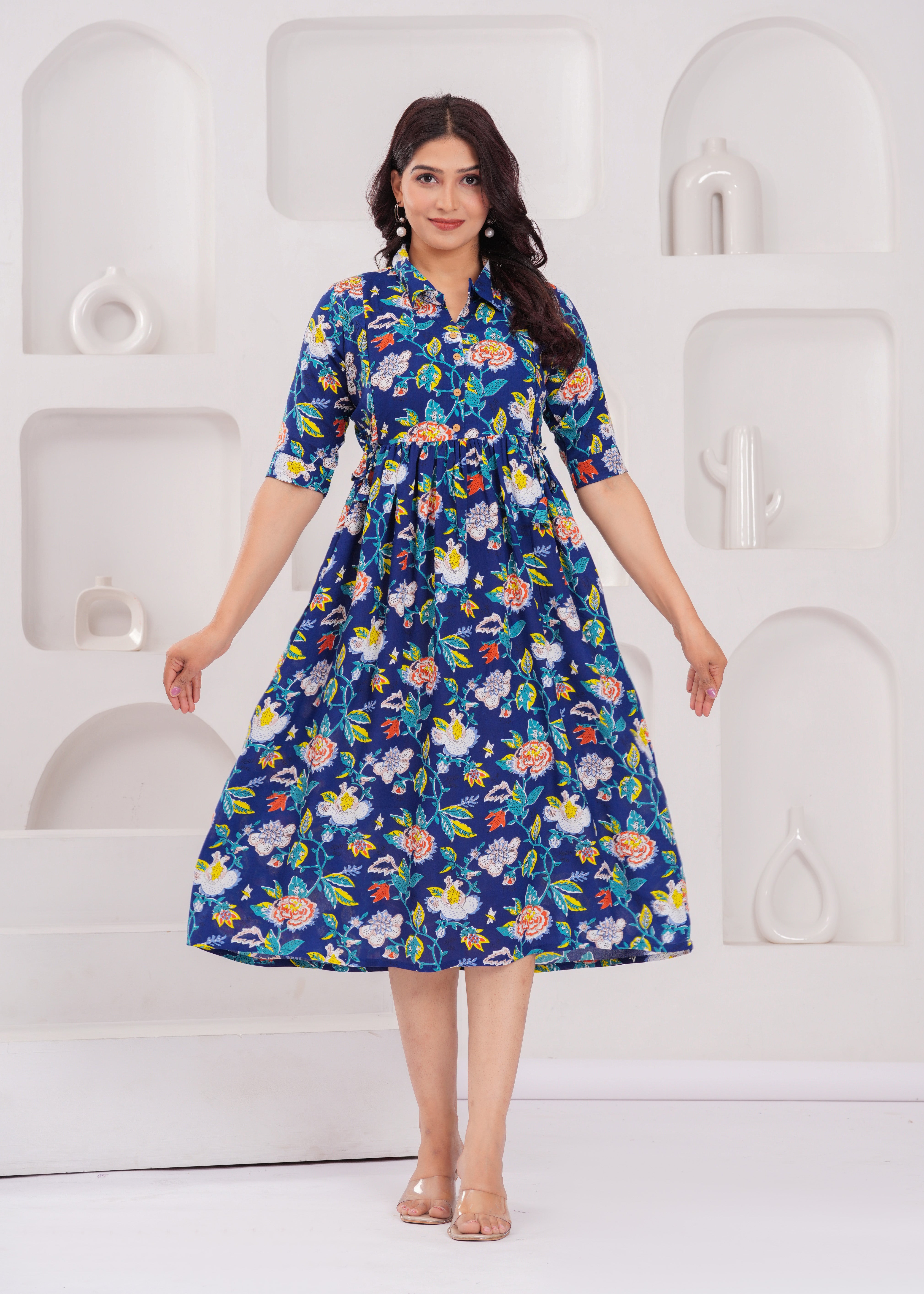 Royal Blue Printed Pure Rayon Cotton Collar Maternity and Feeding Kurta