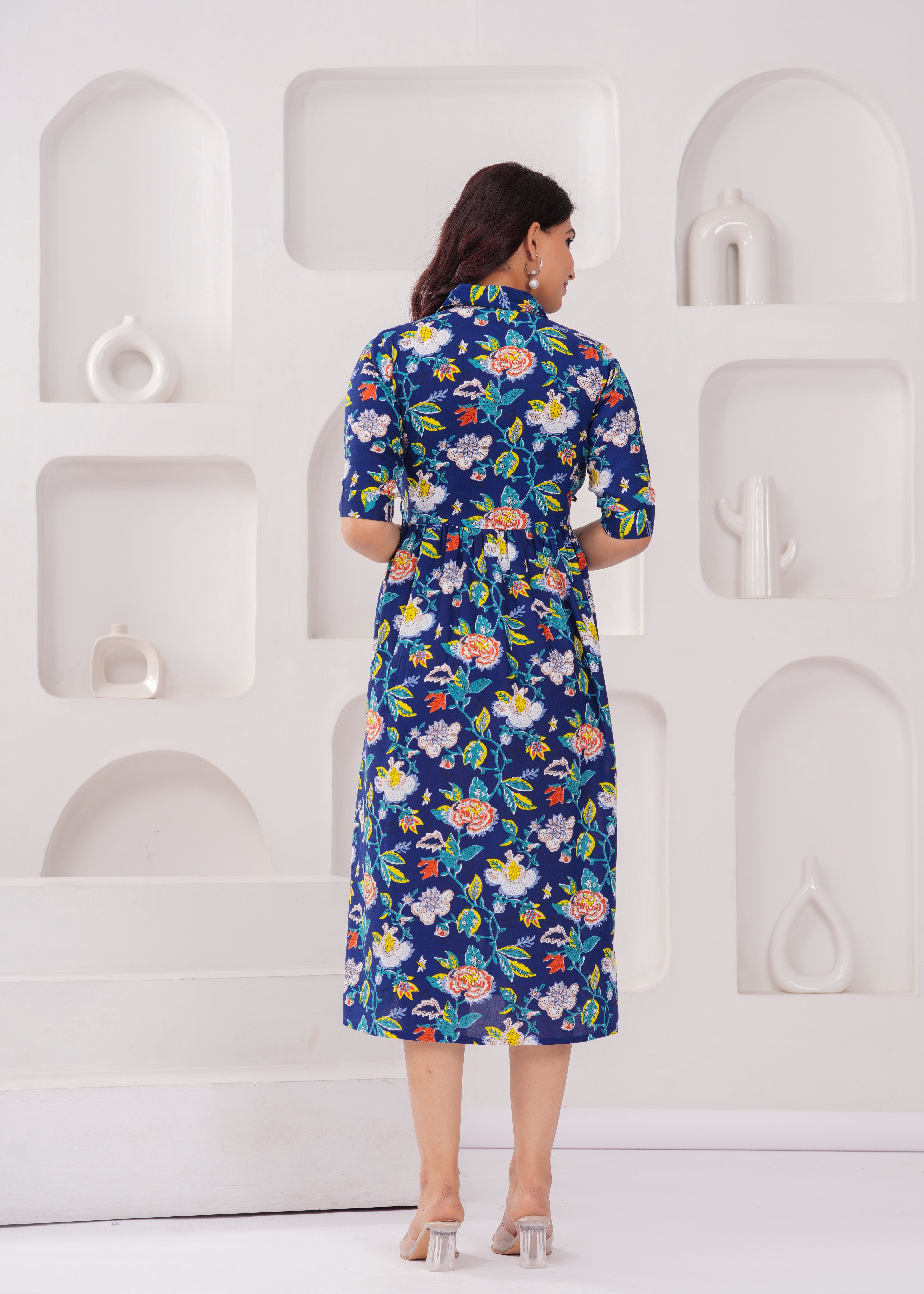 Royal Blue Printed Pure Rayon Cotton Collar Maternity and Feeding Kurta