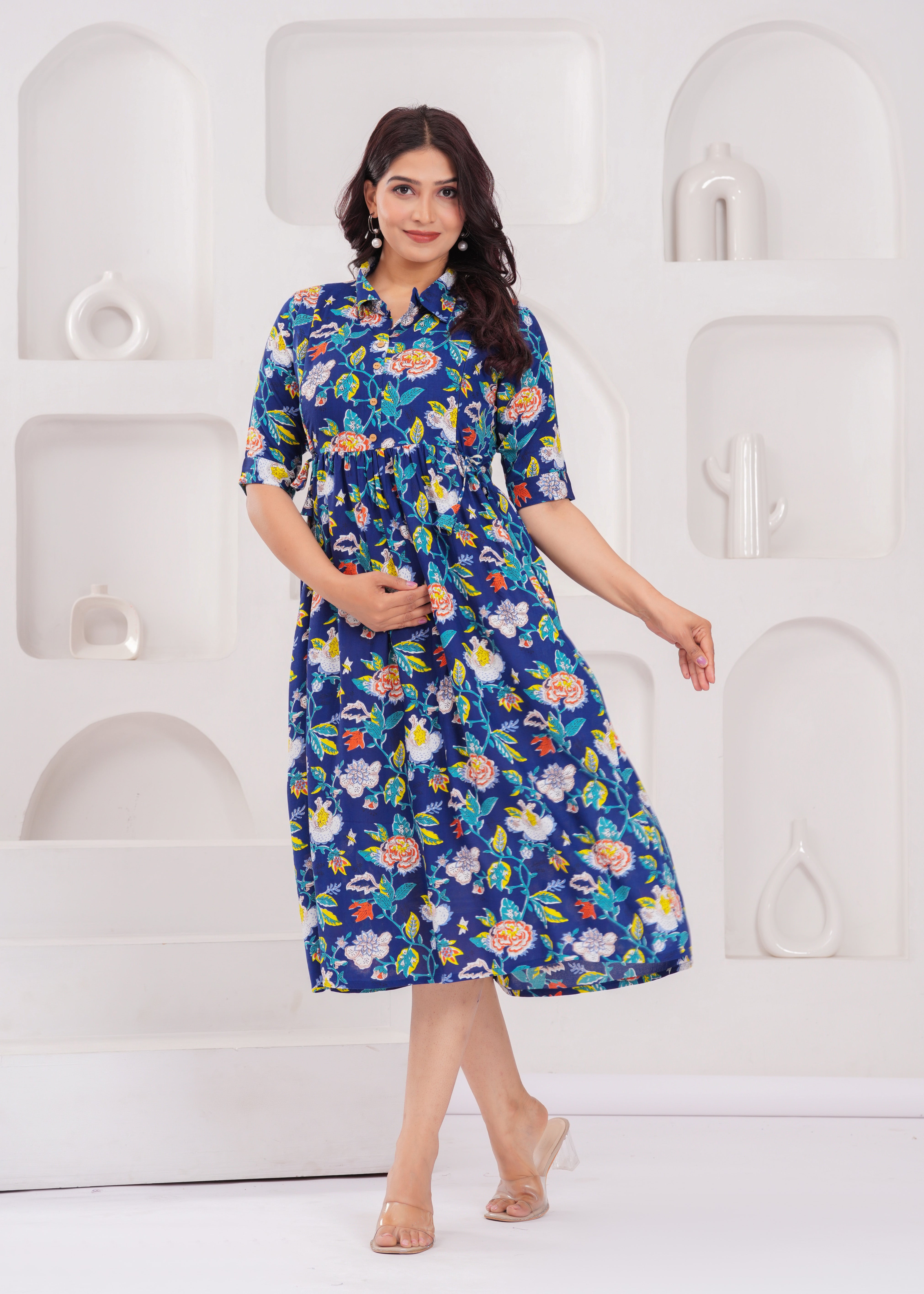 Royal Blue Printed Pure Rayon Cotton Collar Maternity and Feeding Kurta