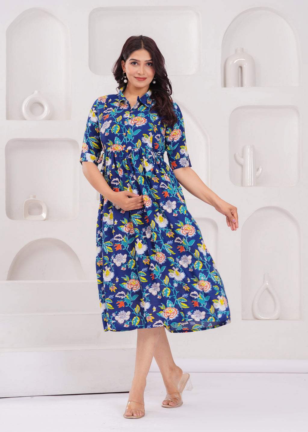 Beige Printed Pure Rayon Cotton Collar Maternity And Feeding Kurta