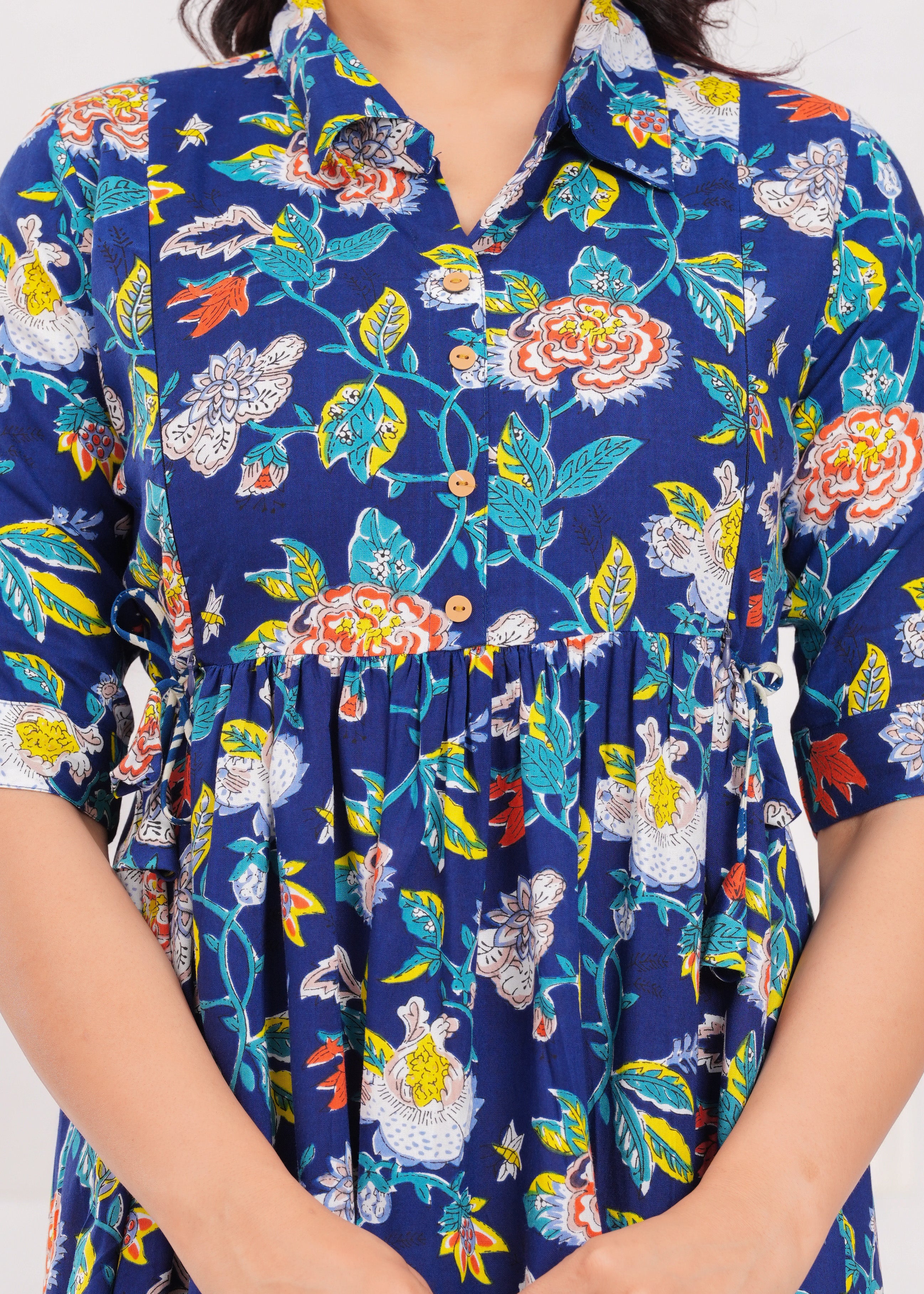 Royal Blue Printed Pure Rayon Cotton Collar Maternity and Feeding Kurta