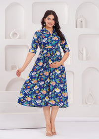 Royal Blue Printed Pure Rayon Cotton Collar Maternity and Feeding Kurta