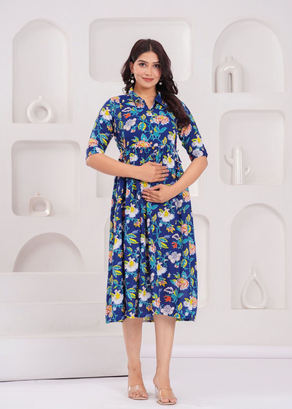 Beige Printed Pure Rayon Cotton Collar Maternity And Feeding Kurta
