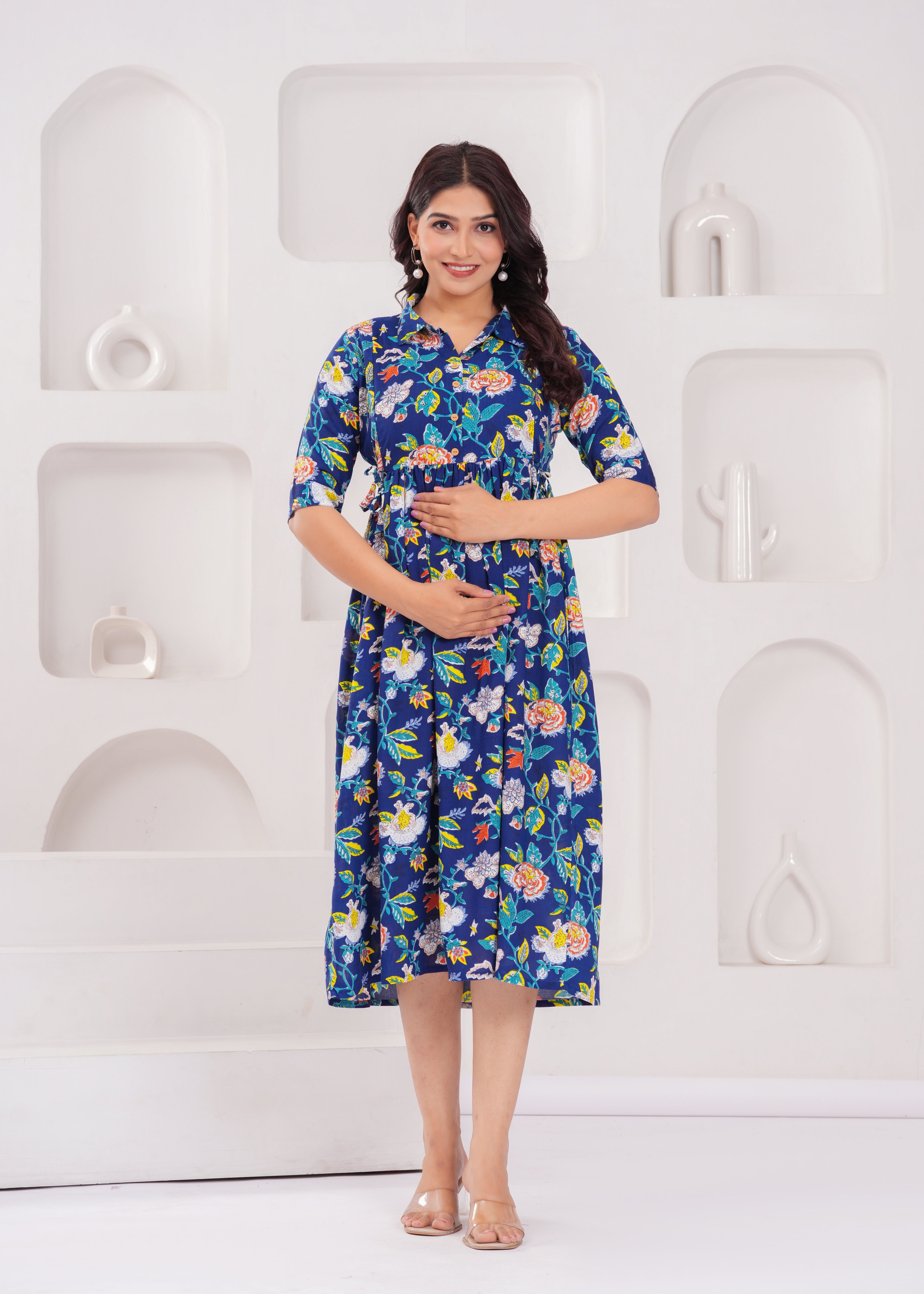 Beige Printed Pure Rayon Cotton Collar Maternity And Feeding Kurta