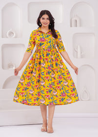 Yellow Printed Pure Rayon Cotton Collar Maternity and Feeding Kurta