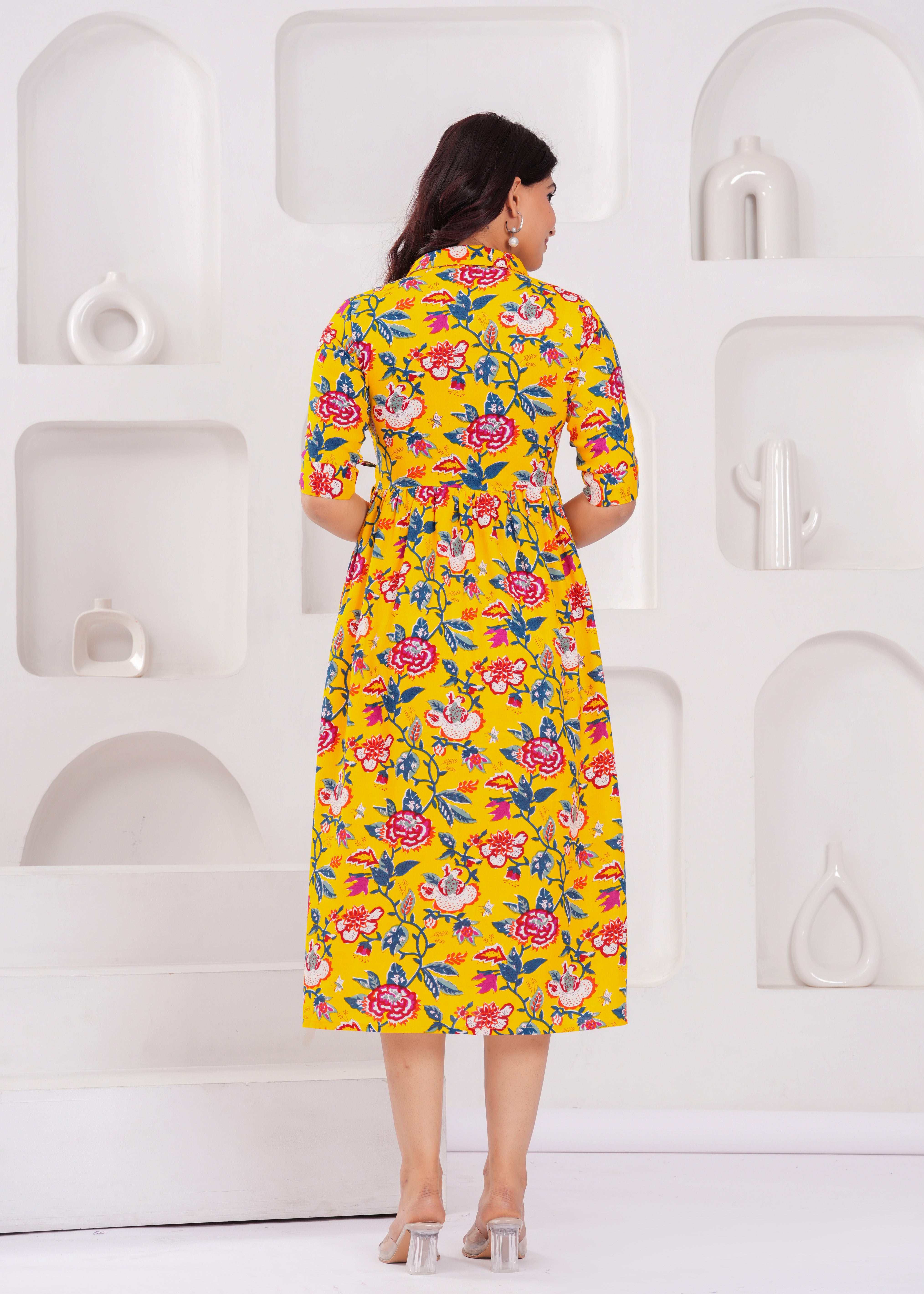 Yellow Printed Pure Rayon Cotton Collar Maternity and Feeding Kurta