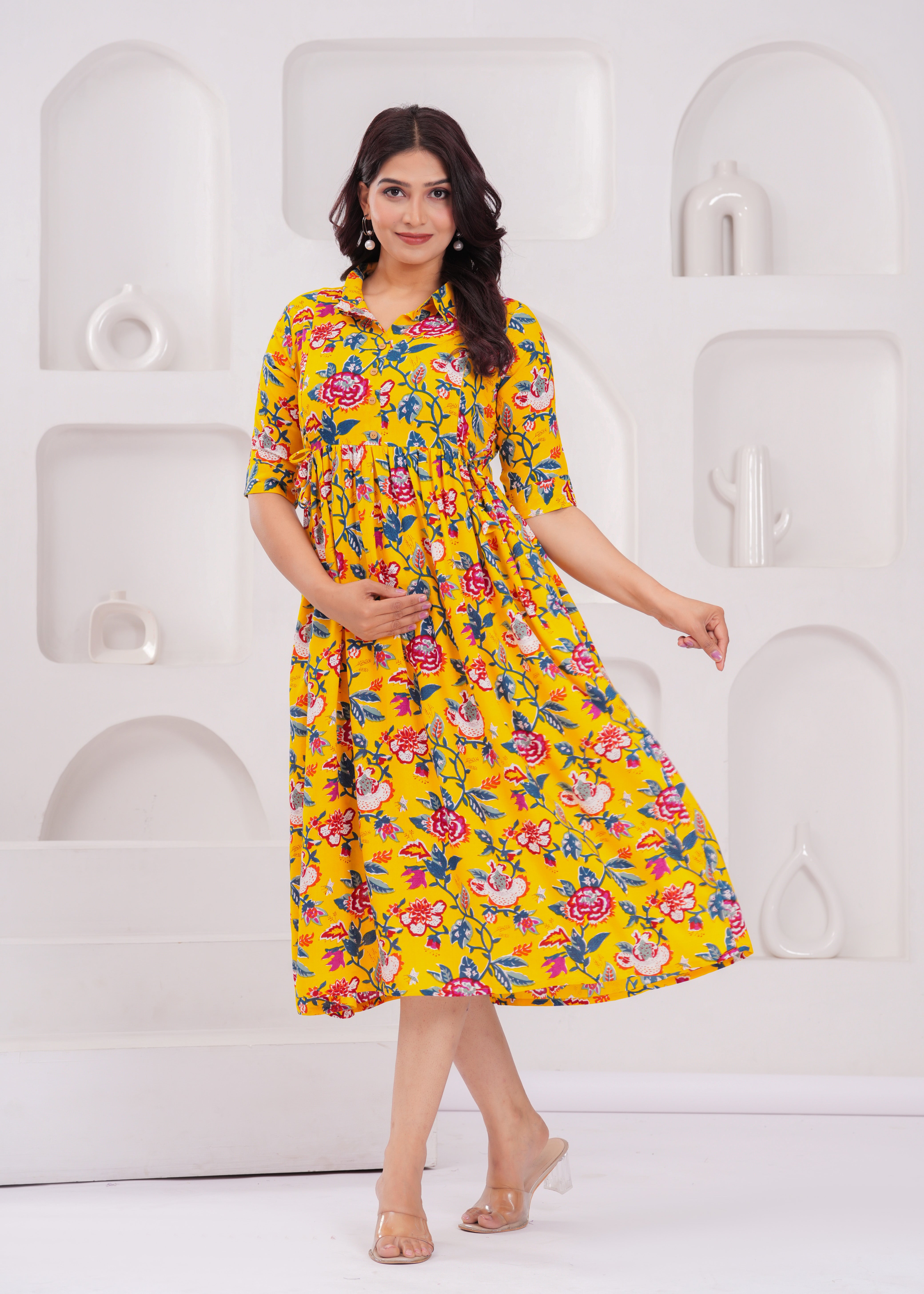 Yellow Printed Pure Rayon Cotton Collar Maternity and Feeding Kurta