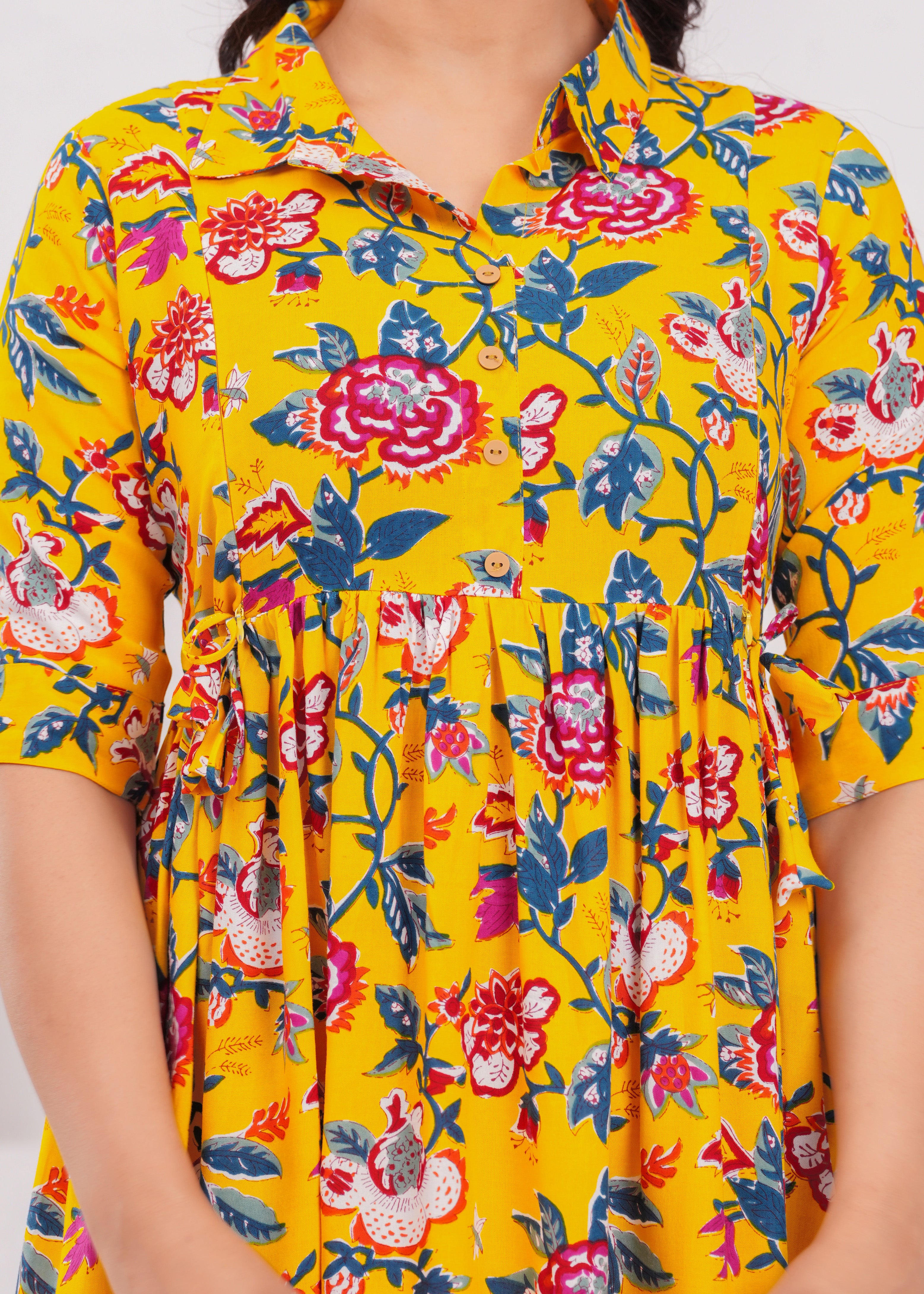 Yellow Printed Pure Rayon Cotton Collar Maternity and Feeding Kurta