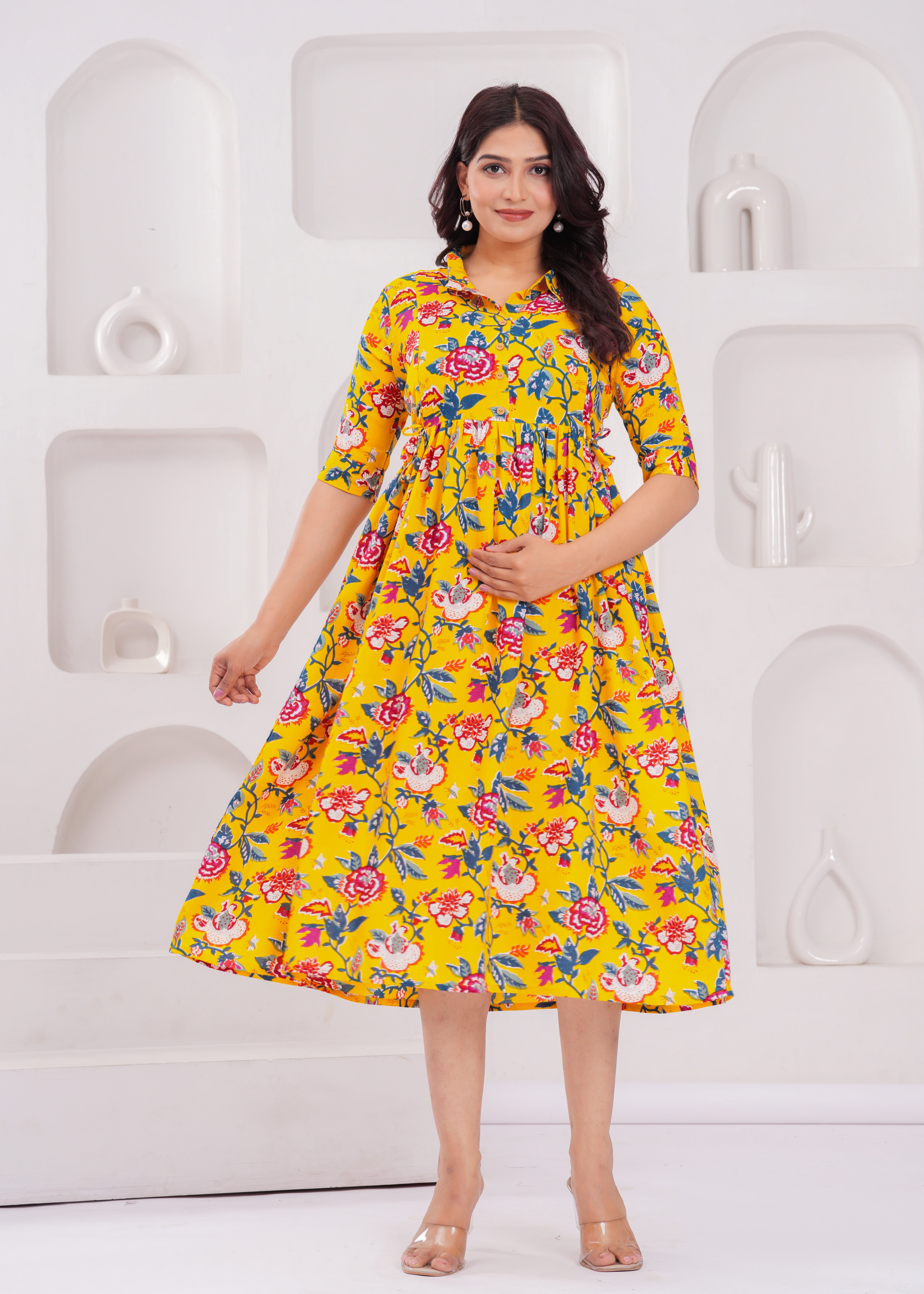 Yellow Printed Pure Rayon Cotton Collar Maternity and Feeding Kurta
