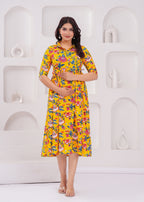 Beige Printed Pure Rayon Cotton Collar Maternity And Feeding Kurta