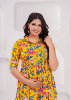 Beige Printed Pure Rayon Cotton Collar Maternity And Feeding Kurta