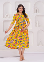 Beige Printed Pure Rayon Cotton Collar Maternity And Feeding Kurta