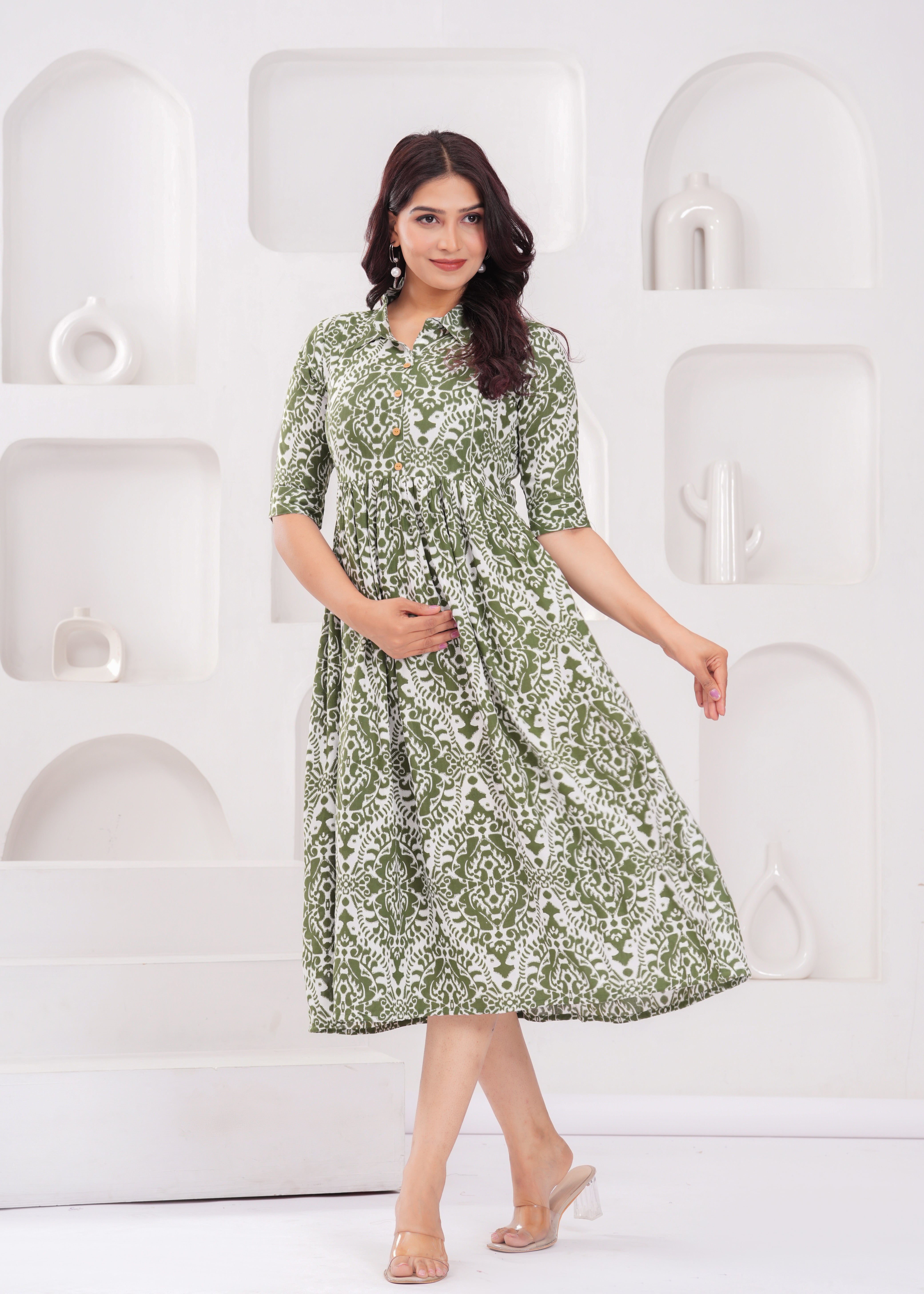 Olive Green Printed Pure Rayon Cotton Maternity and Feeding Kurta
