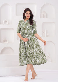 Olive Green Printed Pure Rayon Cotton Maternity and Feeding Kurta
