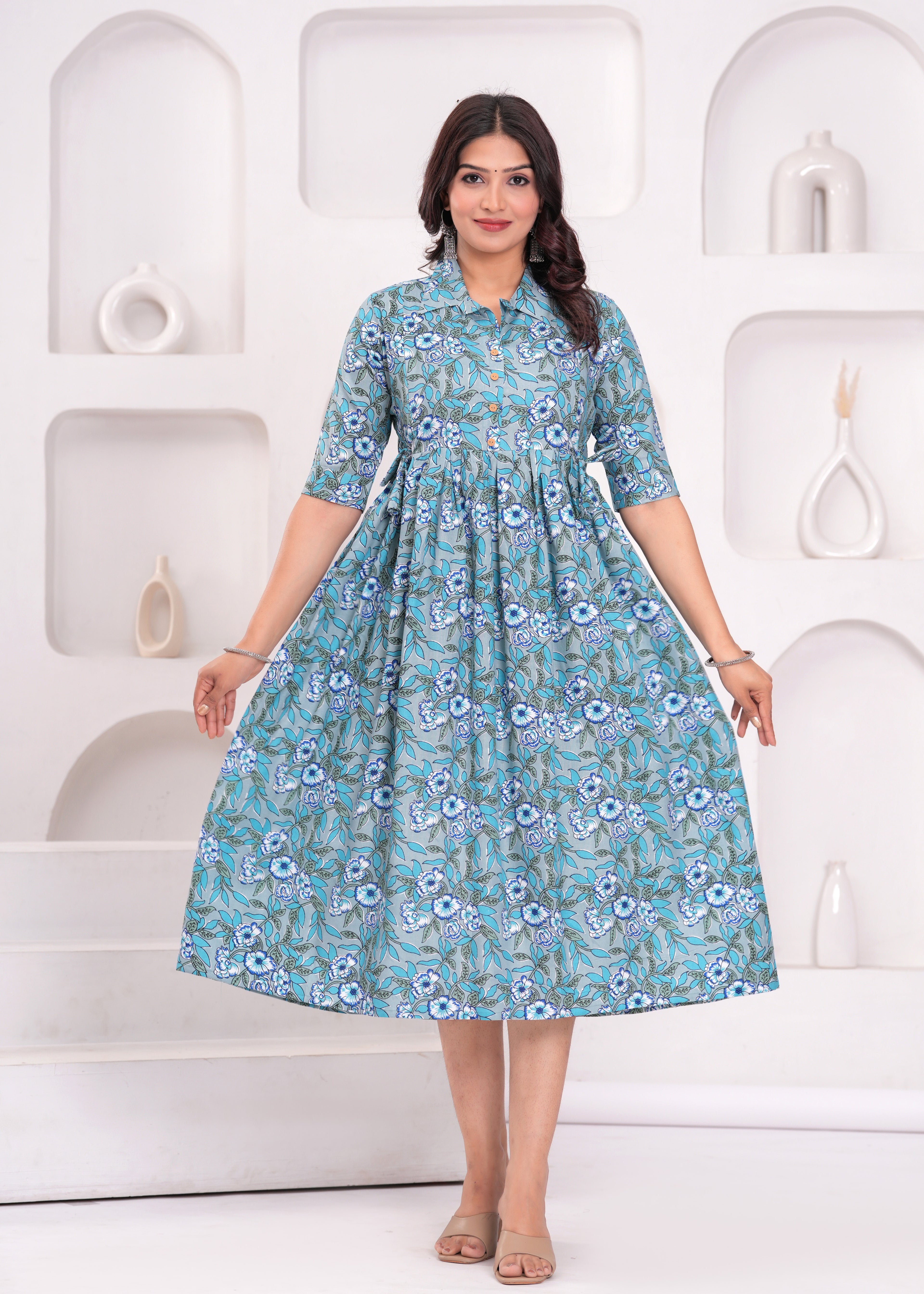 Aqua Blue Printed Pure Rayon Cotton Collor Maternity And Feeding Kurta