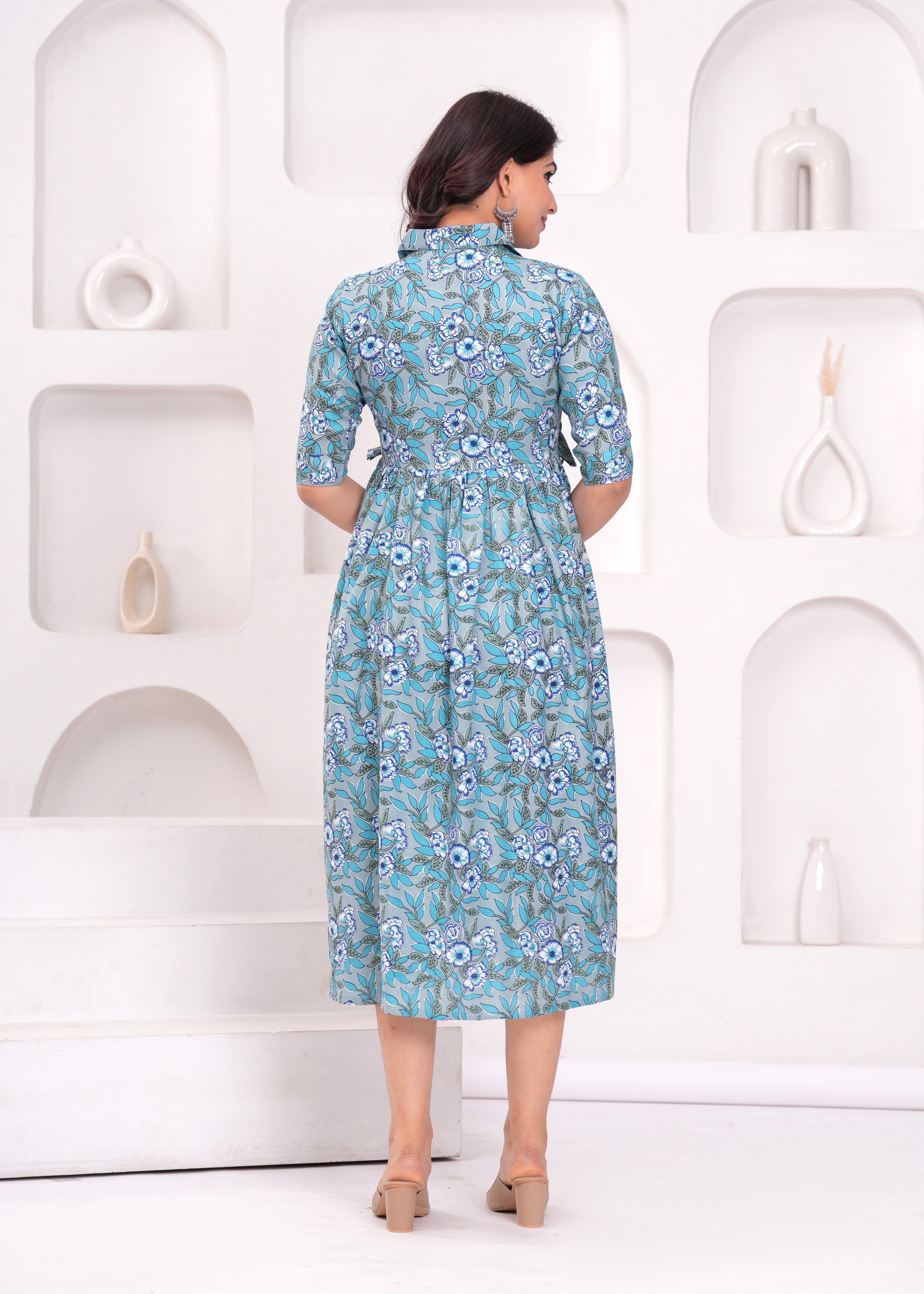 Light Blue With Flora Printed Pure Rayon Cotton Maternity and Feeding Kurta
