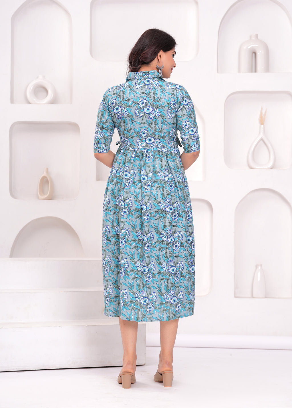 Beige Printed Pure Rayon Cotton Collar Maternity And Feeding Kurta