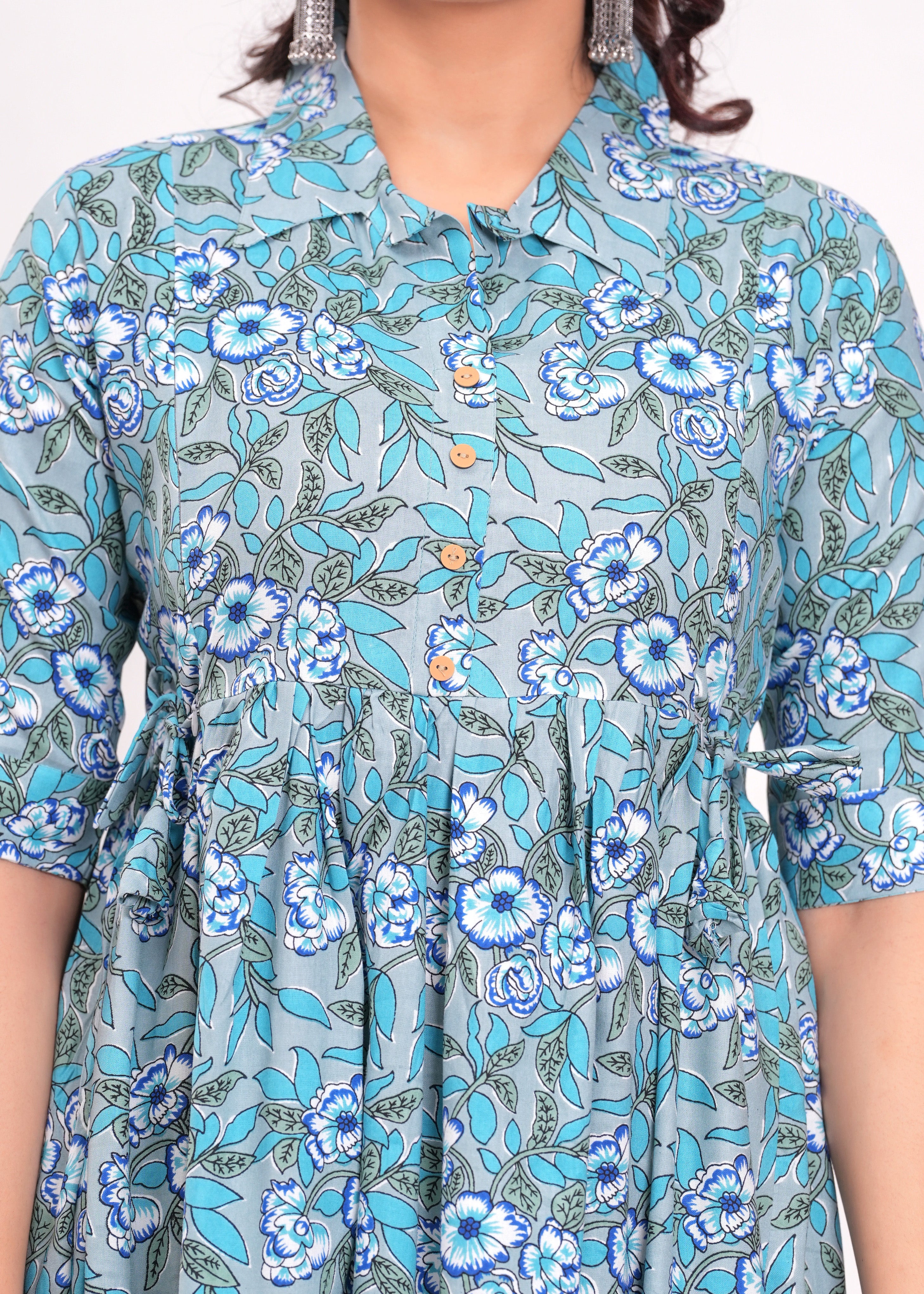 Light Blue With Flora Printed Pure Rayon Cotton Maternity and Feeding Kurta