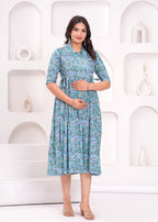 Beige Printed Pure Rayon Cotton Collar Maternity And Feeding Kurta