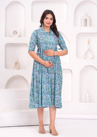 Light Blue With Flora Printed Pure Rayon Cotton Maternity and Feeding Kurta