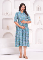 Beige Printed Pure Rayon Cotton Collar Maternity And Feeding Kurta