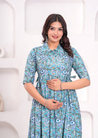 Beige Printed Pure Rayon Cotton Collar Maternity And Feeding Kurta