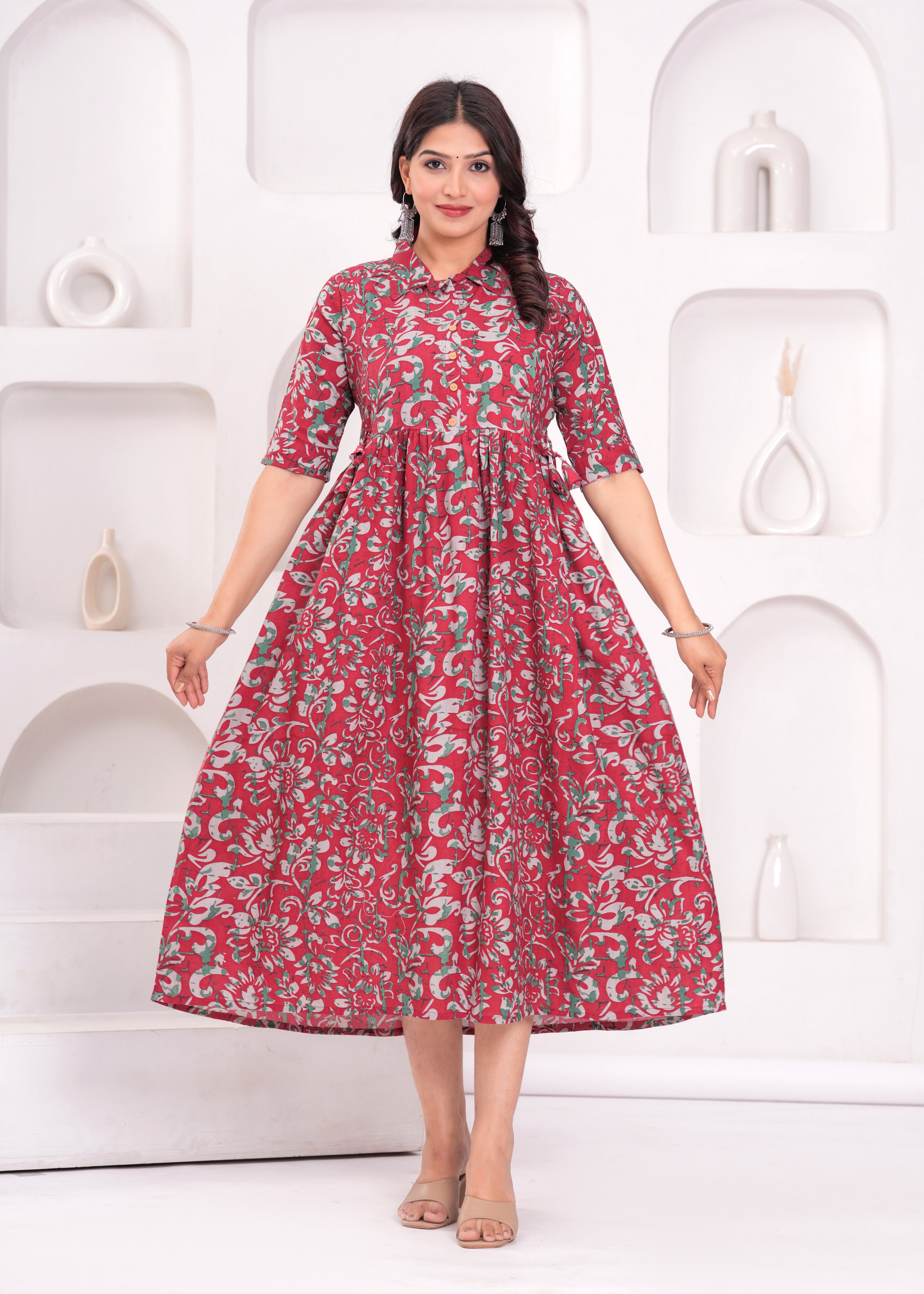 Aqua Blue Printed Pure Rayon Cotton Collor Maternity And Feeding Kurta