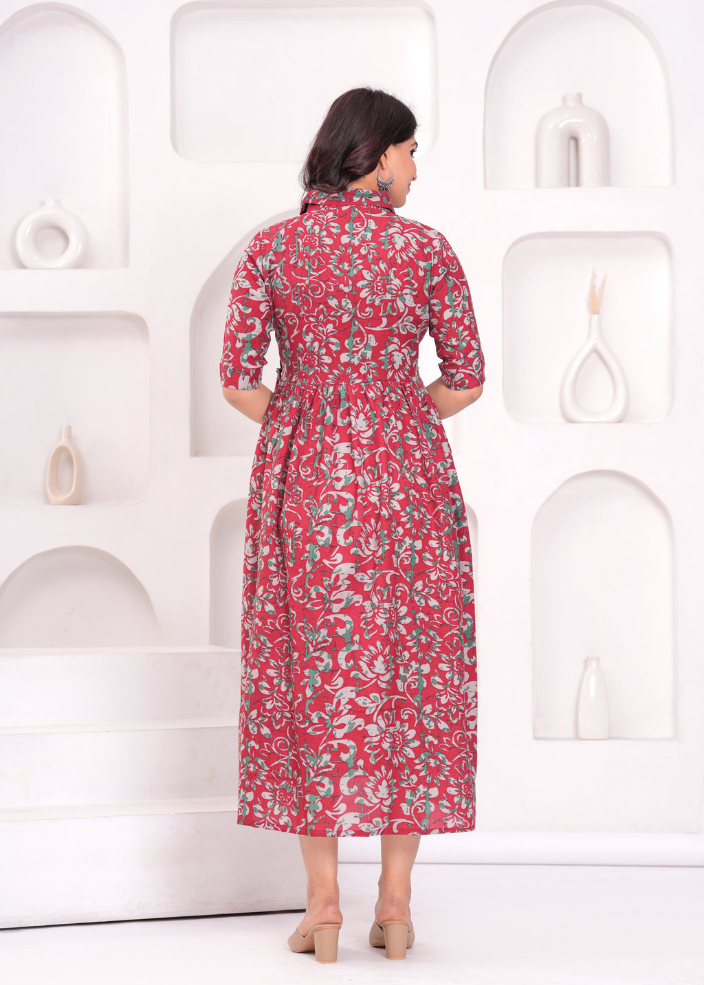 Beige Printed Pure Rayon Cotton Collar Maternity And Feeding Kurta