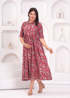 Beige Printed Pure Rayon Cotton Collar Maternity And Feeding Kurta