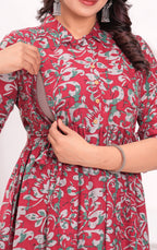 Beige Printed Pure Rayon Cotton Collar Maternity And Feeding Kurta