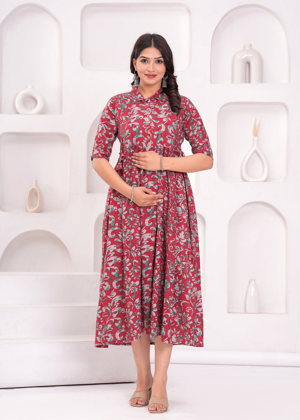 Beige Printed Pure Rayon Cotton Collar Maternity And Feeding Kurta