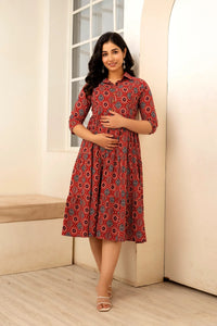 Deep Brick Red Printed Pure Rayon Cotton Maternity and Feeding Kurta