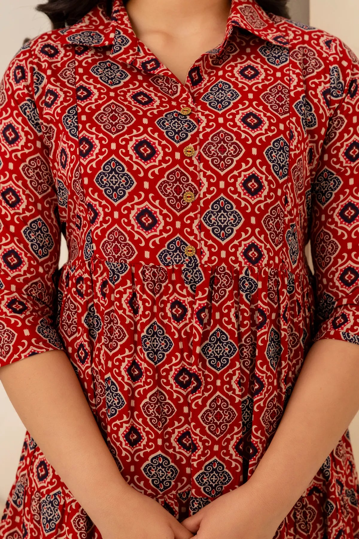 Deep Brick Red Printed Pure Rayon Cotton Maternity and Feeding Kurta