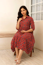 Beige Printed Pure Rayon Cotton Collar Maternity And Feeding Kurta