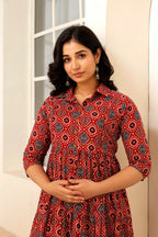 Beige Printed Pure Rayon Cotton Collar Maternity And Feeding Kurta