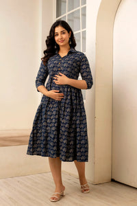 Dark Navy Blue Printed Pure Rayon Cotton Maternity and Feeding Kurta