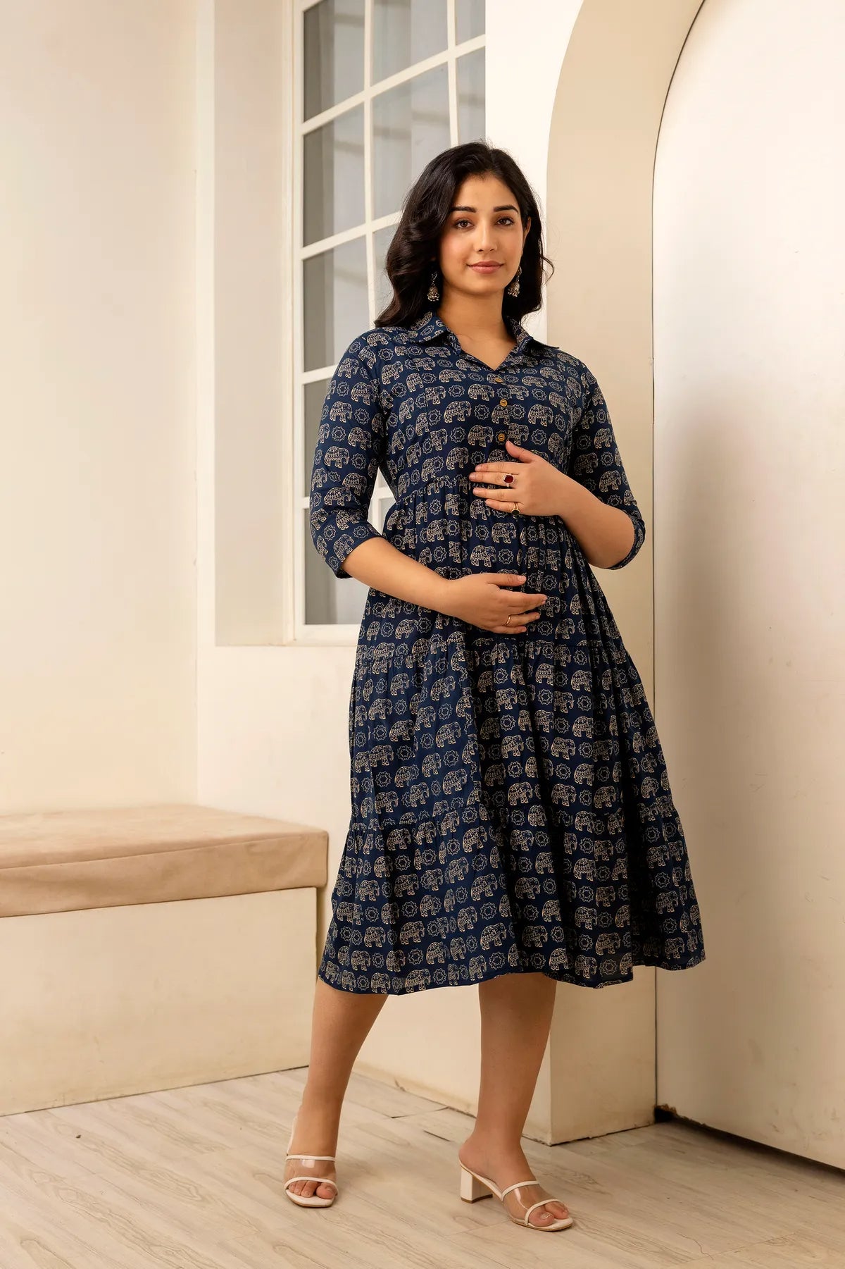 Dark Navy Blue Printed Pure Rayon Cotton Maternity and Feeding Kurta
