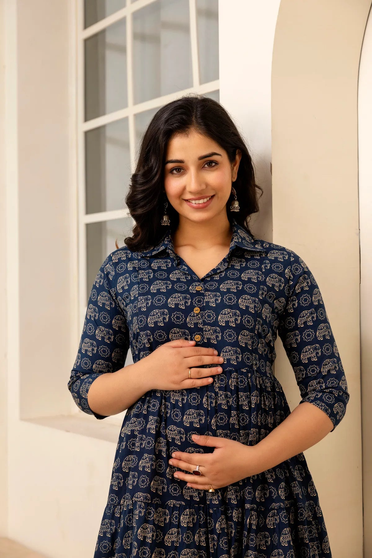 Dark Navy Blue Printed Pure Rayon Cotton Maternity and Feeding Kurta