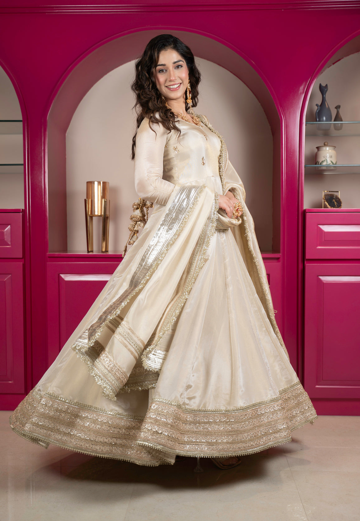Fashion4word Luxury Premium White Gher Suit with Dupatta