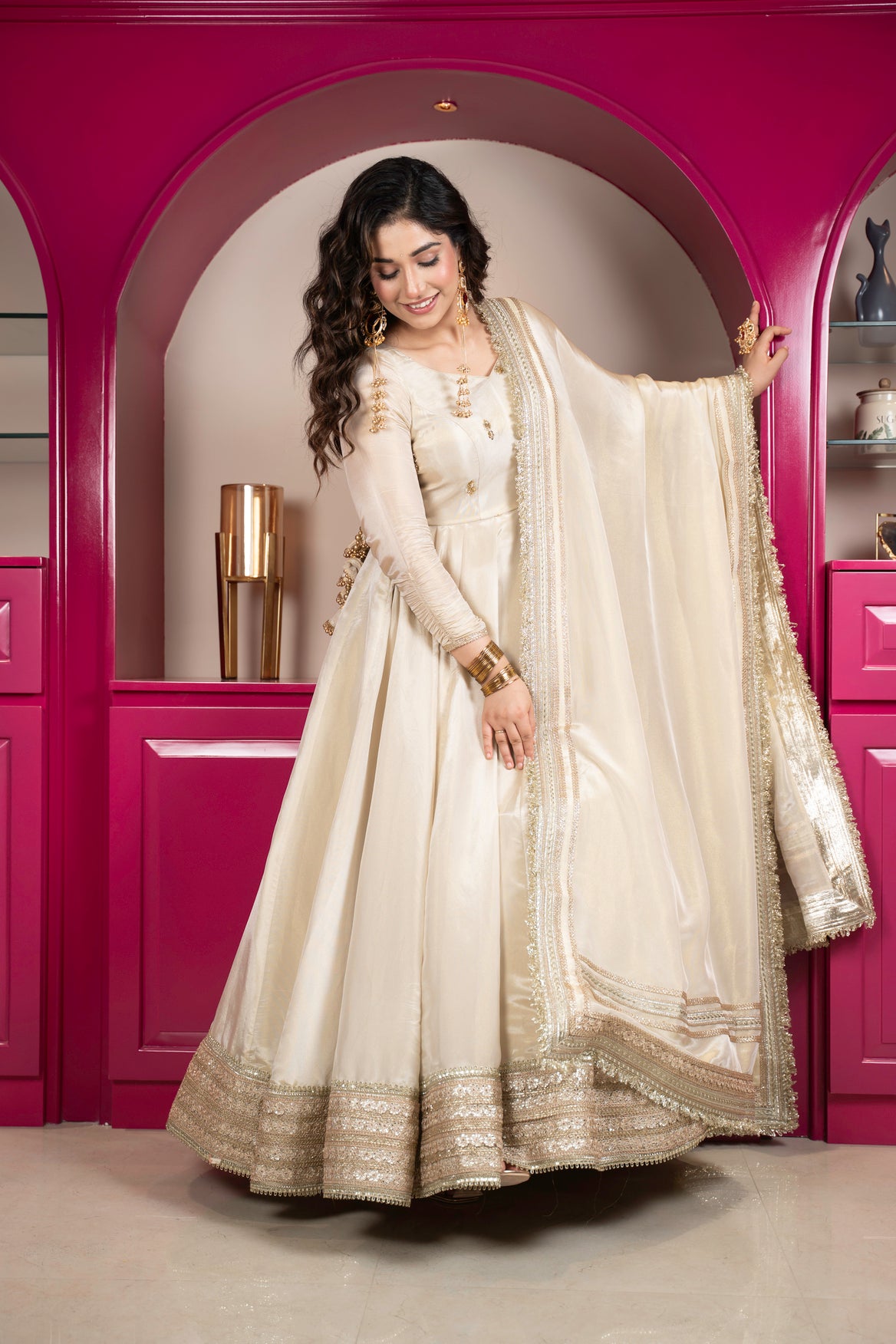 Fashion4word Luxury Premium White Gher Suit with Dupatta
