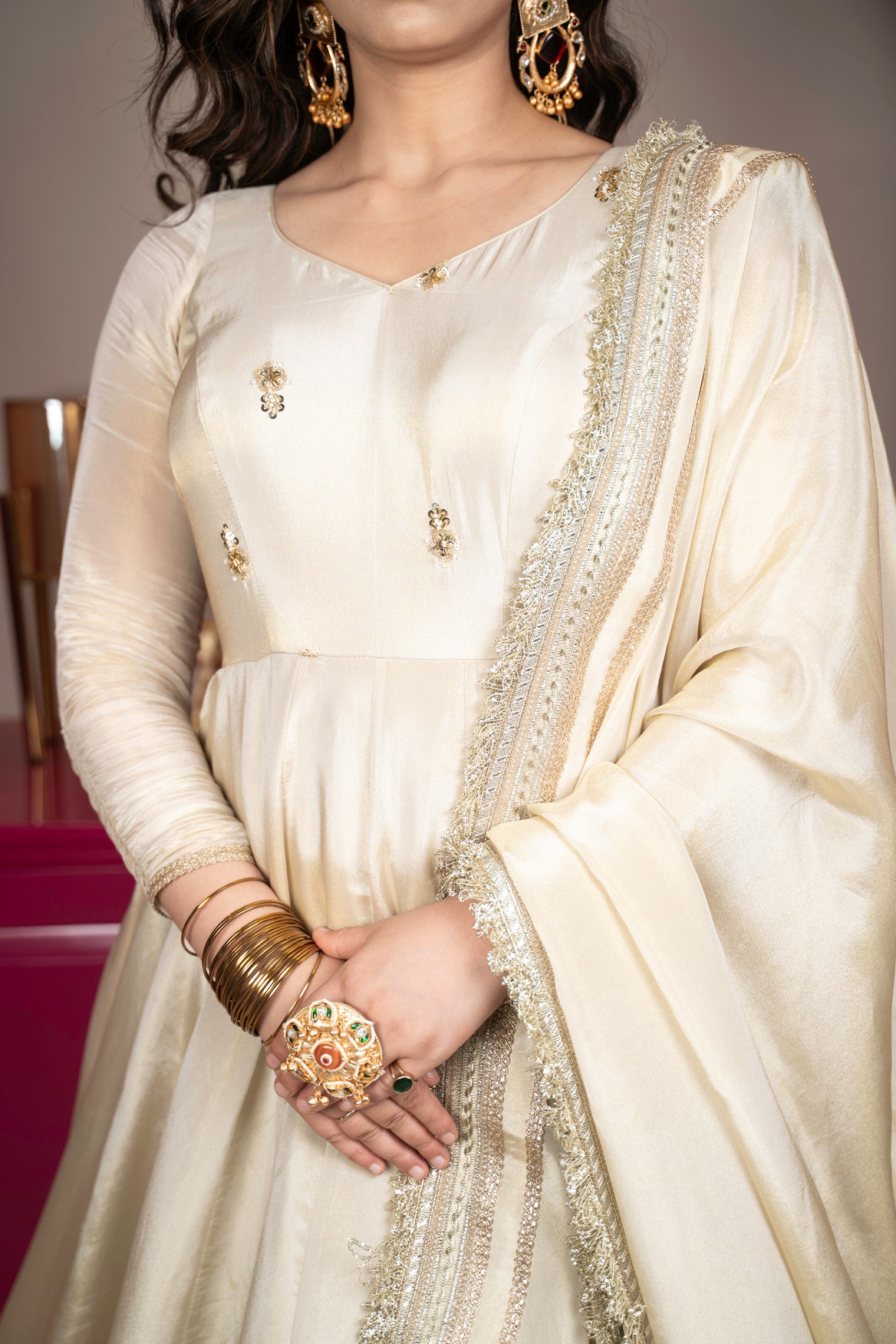 Fashion4word Luxury Premium White Gher Suit with Dupatta