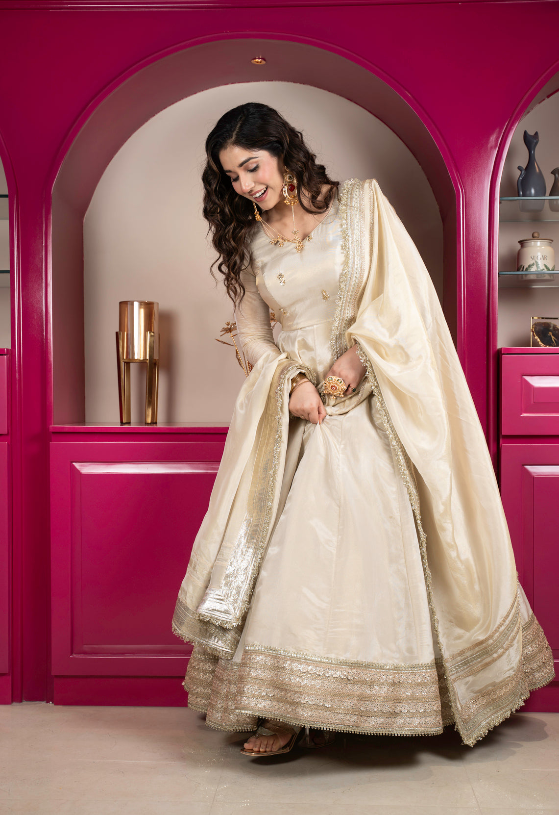 Fashion4word Luxury Premium White Gher Suit with Dupatta