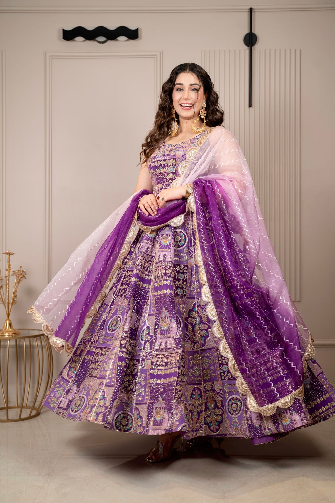 Fashion4word Luxe Patola Silk Flare Dress Set with Elegant Zari Dupatta