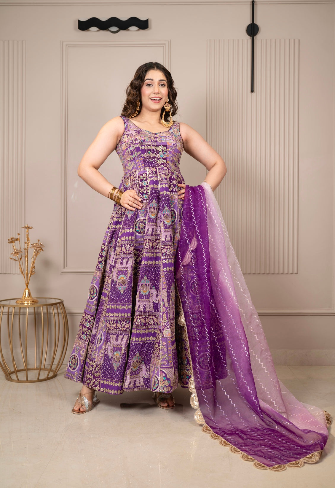 Fashion4word Luxe Patola Silk Flare Dress Set with Elegant Zari Dupatta