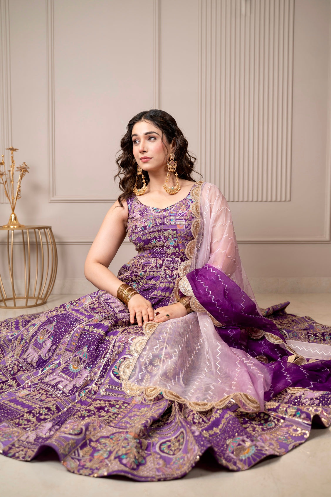 Fashion4word Luxe Patola Silk Flare Dress Set with Elegant Zari Dupatta