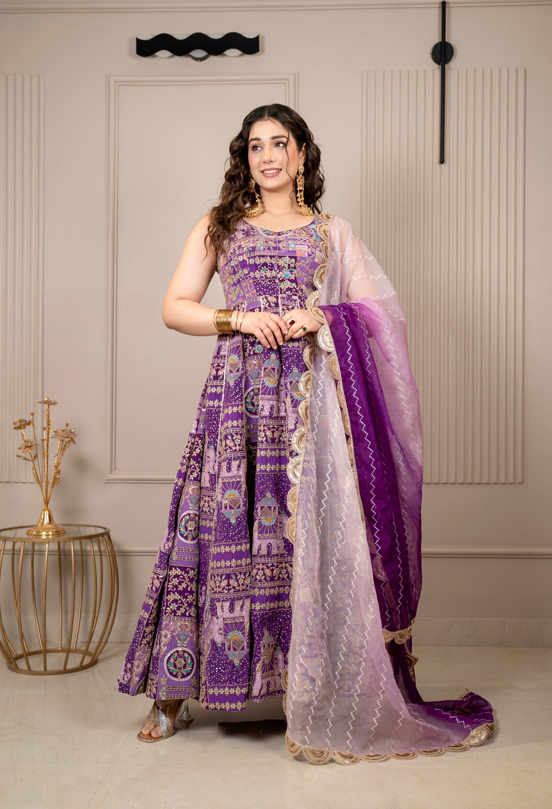 Fashion4word Luxe Patola Silk Flare Dress Set with Elegant Zari Dupatta