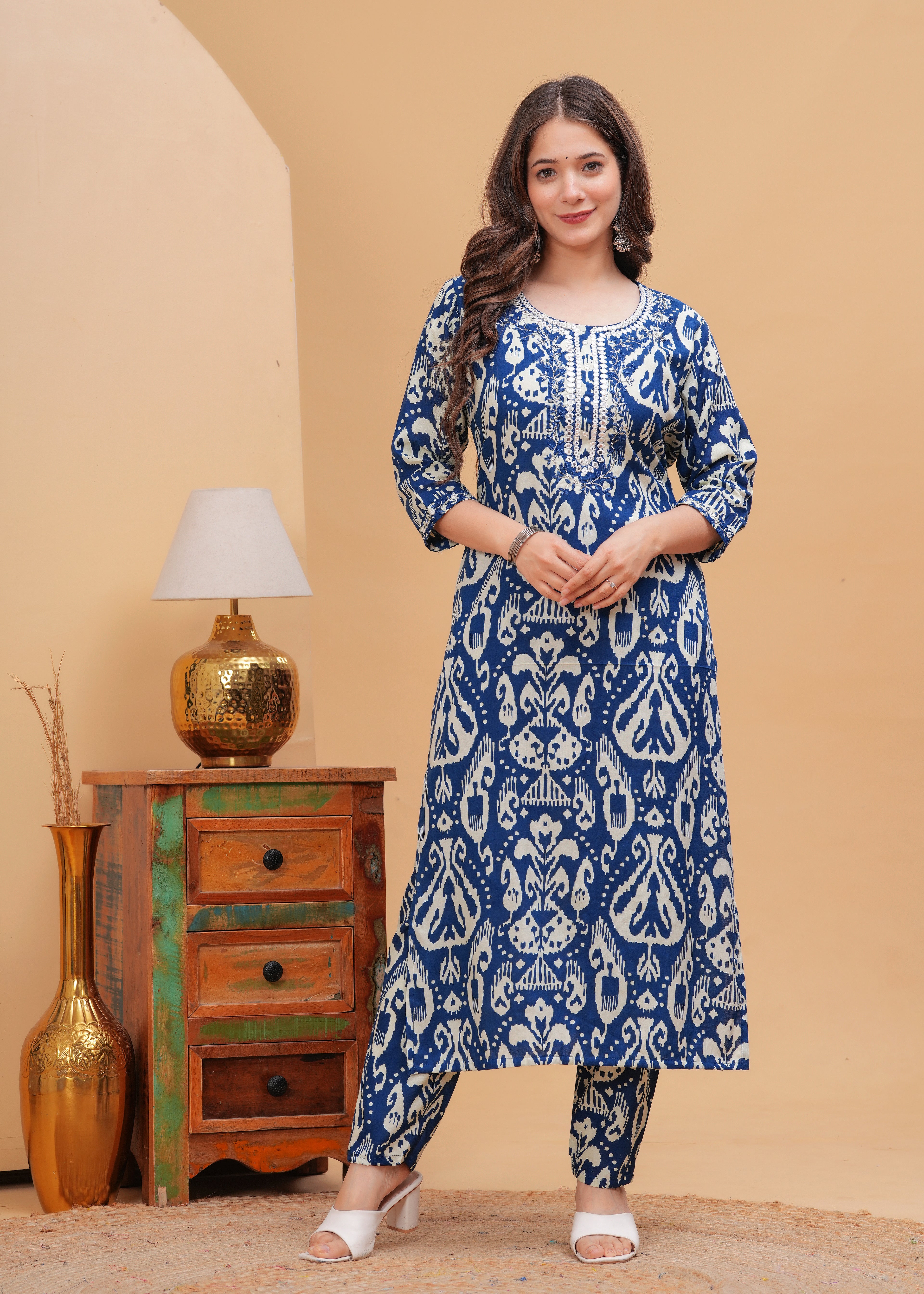 Aqua Blue Ethnic Printed Round Neck Pure Cotton Kurta with Pant